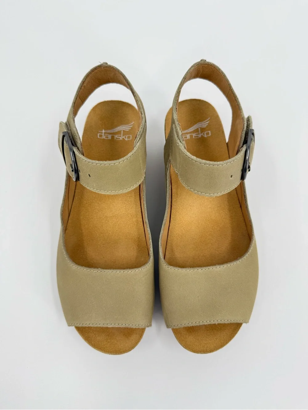 Dansko Tiana Peep-Toe Wedge Sandals in Khaki Leather Size 37 or 6.5-7